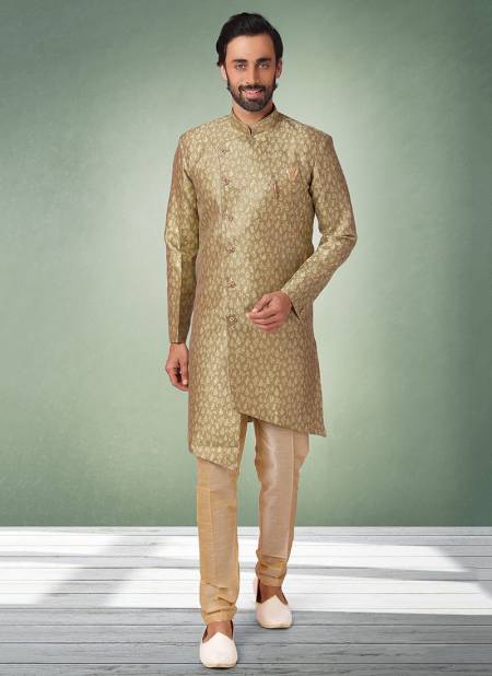 Mahendi Green Colour Heavy Wedding Wear Jacquard Banarasi Brocade Indo Western Mens Collection 1077